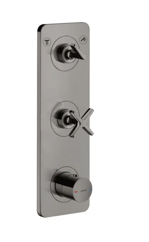 Thermostatmodul mit drei Bedienelementen in glänzendem Schwarzchrom. Die Marke AXOR ist am unteren Teil des Moduls sichtbar. Eignet sich für den Unterputz mit zwei Verbraucheranschlüssen.